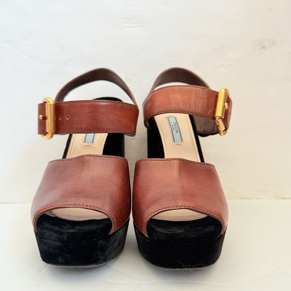 Prada Black/Brown Velvet & Leather Platform Block Heel Ankle Strap Sandals EU 39 - Picture 3 of 9